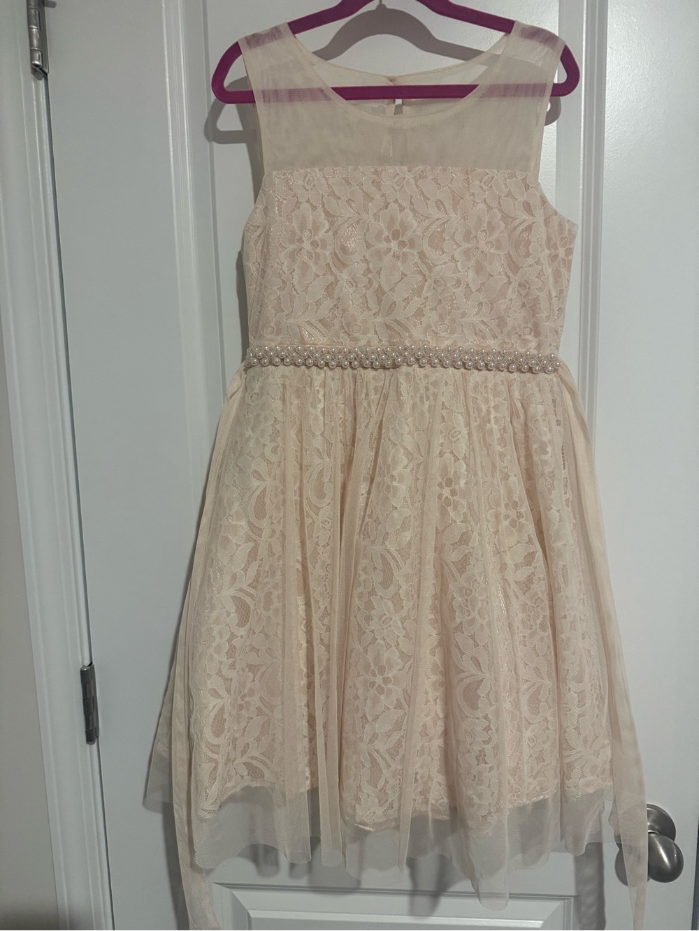 Girls' Lace Party Dress with Pearl Waist - Cream